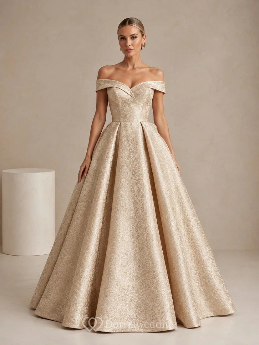 Champagne Taffeta Off-the-Shoulder Ball Gown Pleated Formal Dress