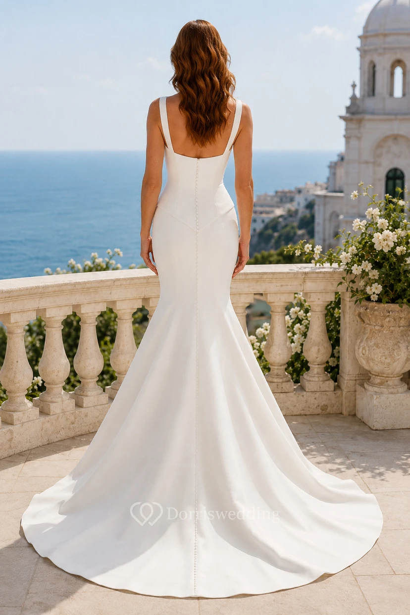 Robe de mariée sirène en satin à encolure carrée et traîne balayée view 2