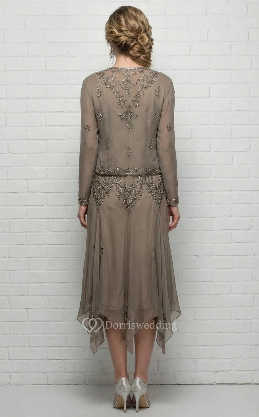 Robe cocktail vert forêt à perles, style vintage, avec veste transparente et ourlet asymétrique view 3