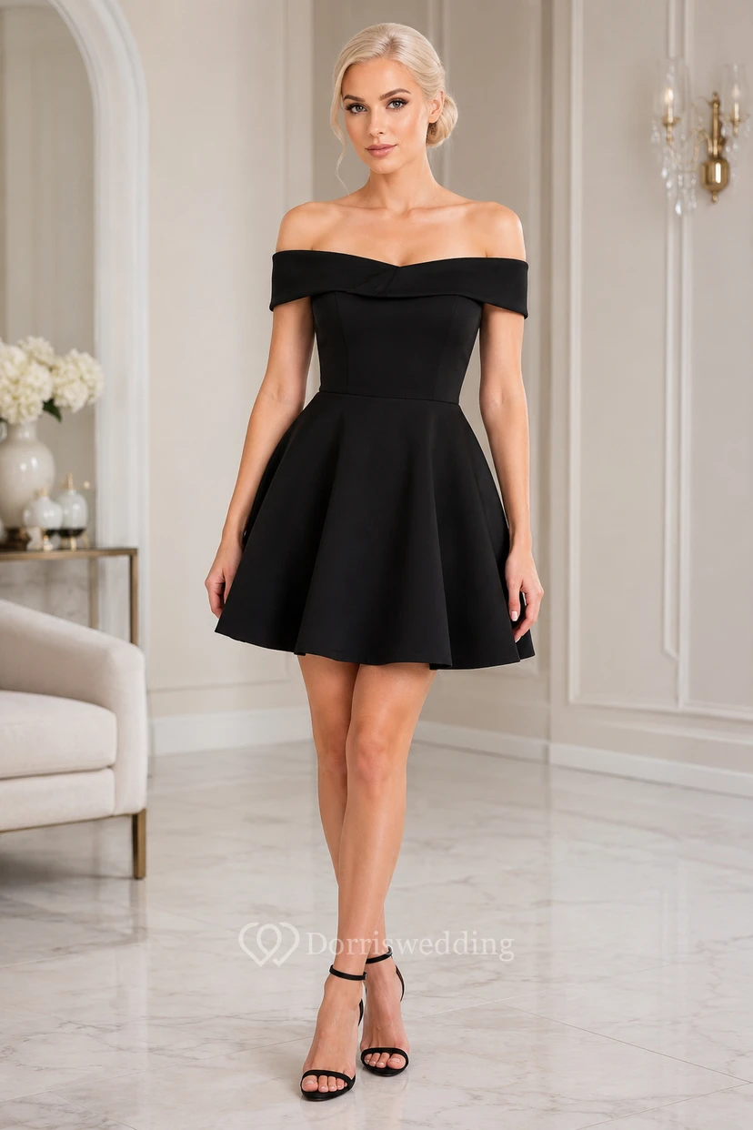 Black Off-the-Shoulder Satin A-Line Mini Cocktail Dress with Foldover Neckline