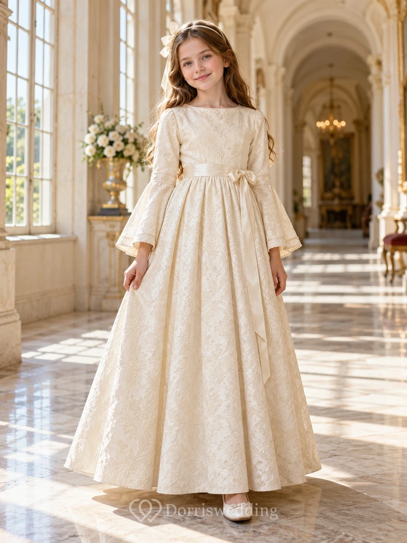 Renaissance Elfenbeinfarbenes Bateau-Kleid aus Satin mit langen Glockenärmeln für Blumenmädchen