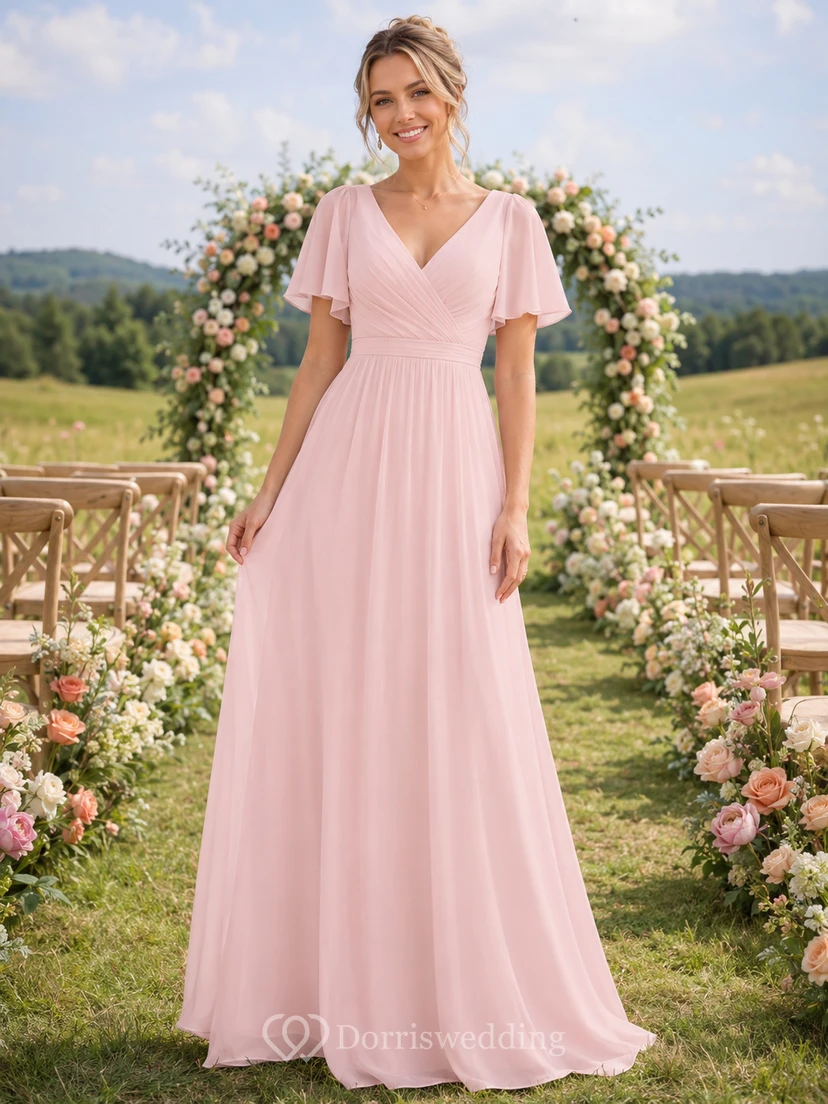 Blushing pink V-neck flutter sleeve chiffon floor length bridesmaid dress