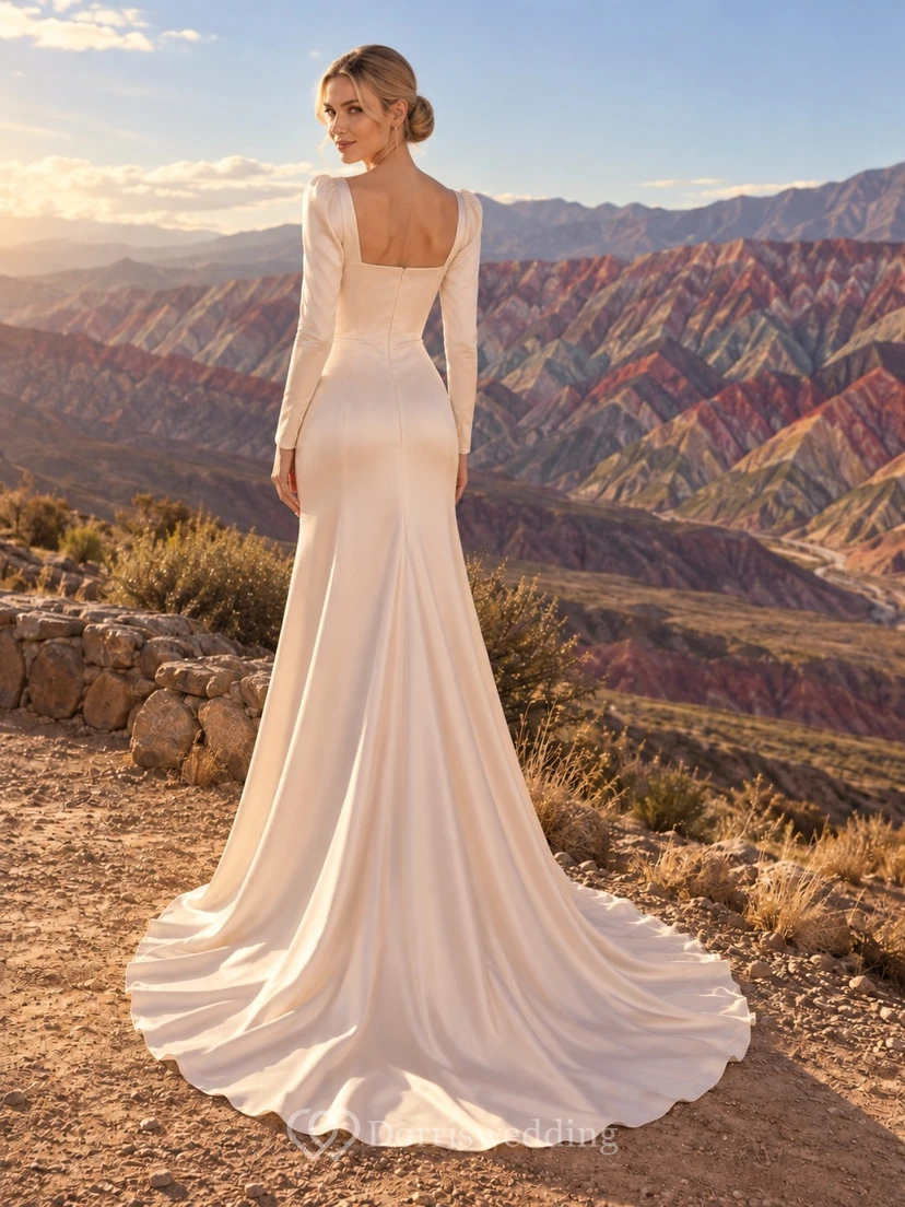 Vestido de novia de satén color rosa empolvado con escote cuadrado y corte sirena, manga larga y corpiño ajustado liso. view 2