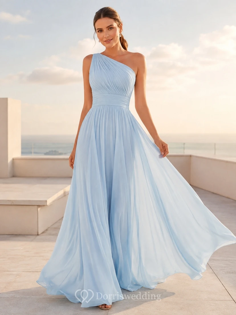 Baby Blue One-Shoulder Chiffon Flowing Prom Evening Dress