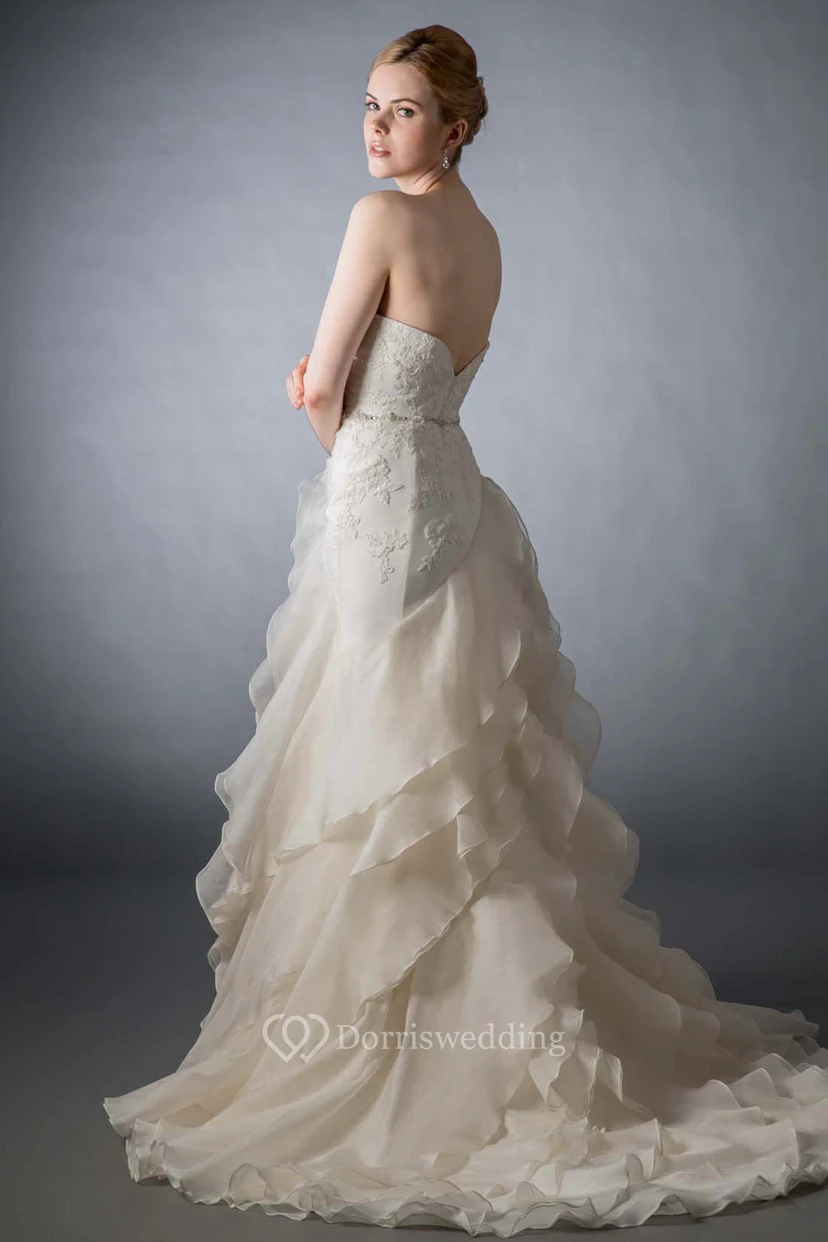A-Line Sweetheart Appliqued Long Organza Wedding Dress With Cascading Ruffles And Tiers view 2
