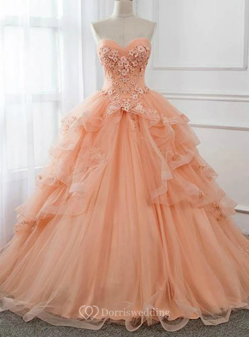 Robe de bal pêche sans bretelles brodée view 3