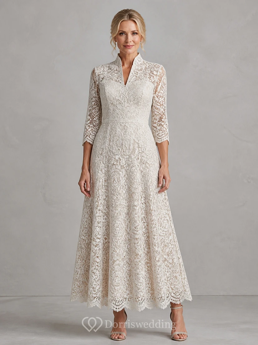 Poised Modest Older Brides Lace A-Line Ankle-length Notched Three-Quarter Sleeve Mother Dress