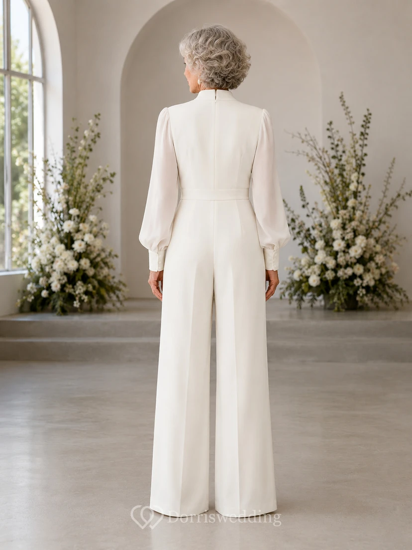 High Neck Long Sleeve Bridal Jumpsuit with Wide Leg Pants view 2