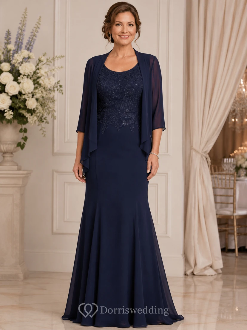 Dark Navy Chiffon Mermaid Mother Gown with Sheer Jacket