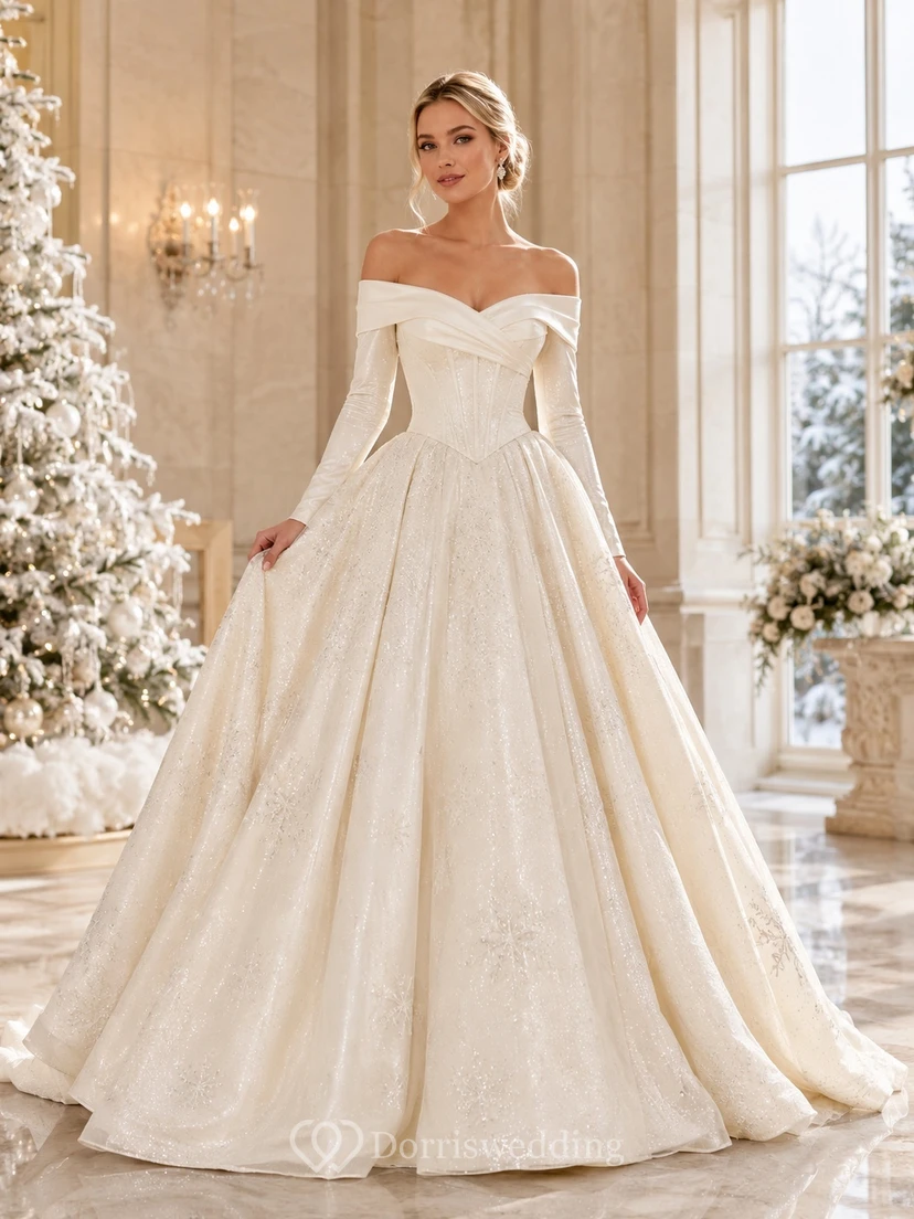 Ivory Luxury Off-the-shoulder Long Sleeve Sequined Tulle Ball Gown Floor-length Winter Formal Dress