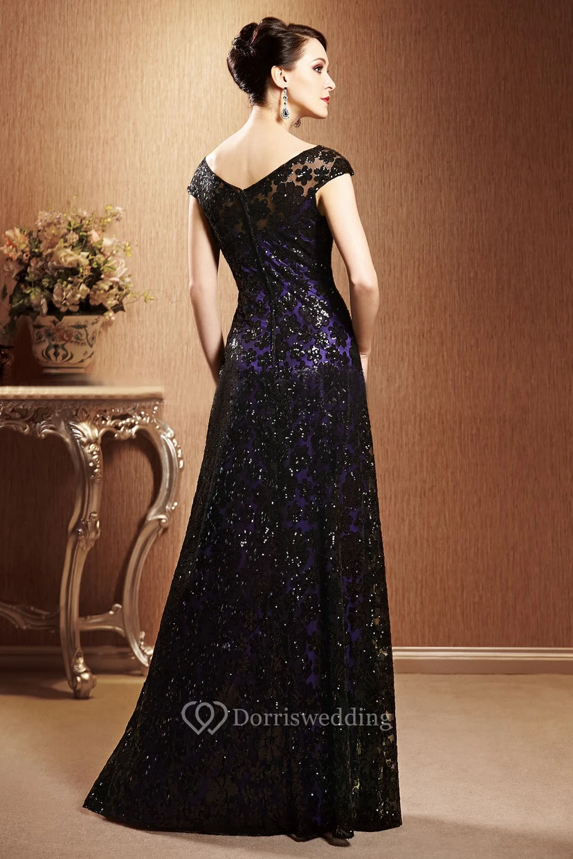 Cap-Sleeved Long Gown With Allover Sequins And V-Back view 2
