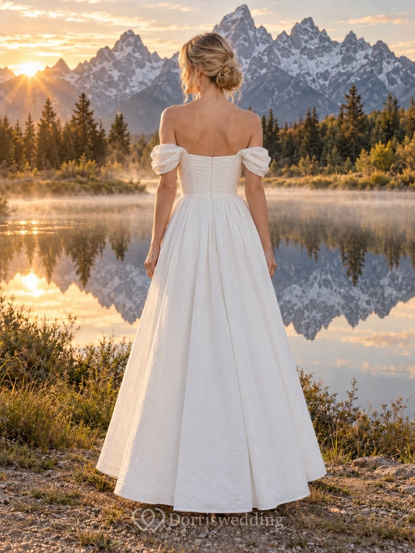 Vestido de novia sencillo de popelina de algodón con escote Bardot, mangas cortas y fruncido, largo hasta los tobillos y corte en A. view 2