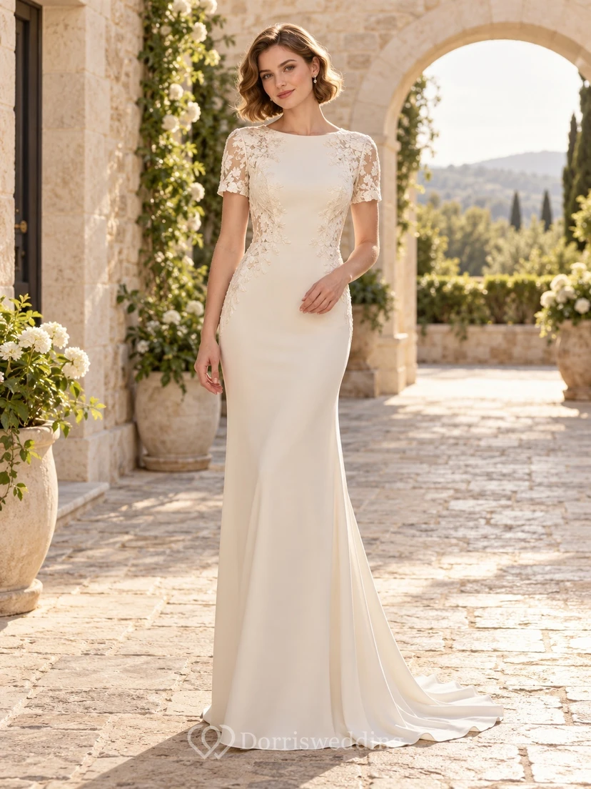 Modest Bateau Floral Short Sleeve Satin Sheath Train Wedding Dress