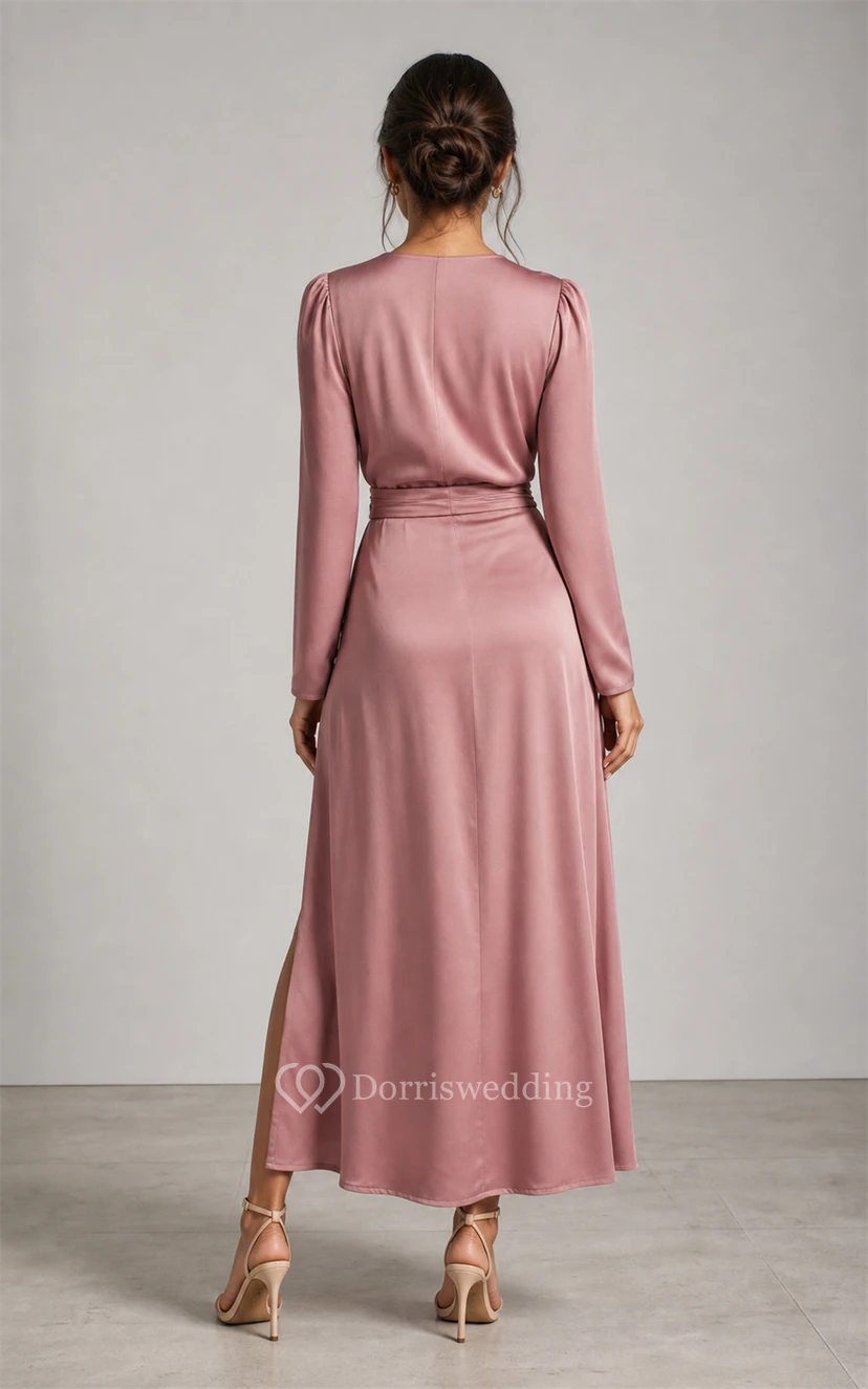 Dusty Rose Satin Wrap Long Sleeve Floor-Length Sheath Dress with Split view 2