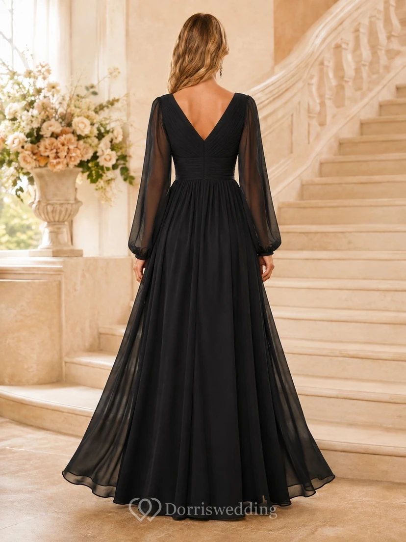 Black Romantic Elegant V-Neck Long-Sleeve Chiffon Draped A-Line Floor-Length Prom Dress view 2