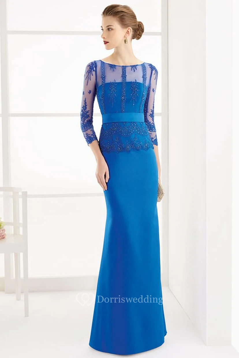 Sheath Appliqued 3-4-Sleeve Floor-Length Scoop-Neck Satin Prom Dress With Beading