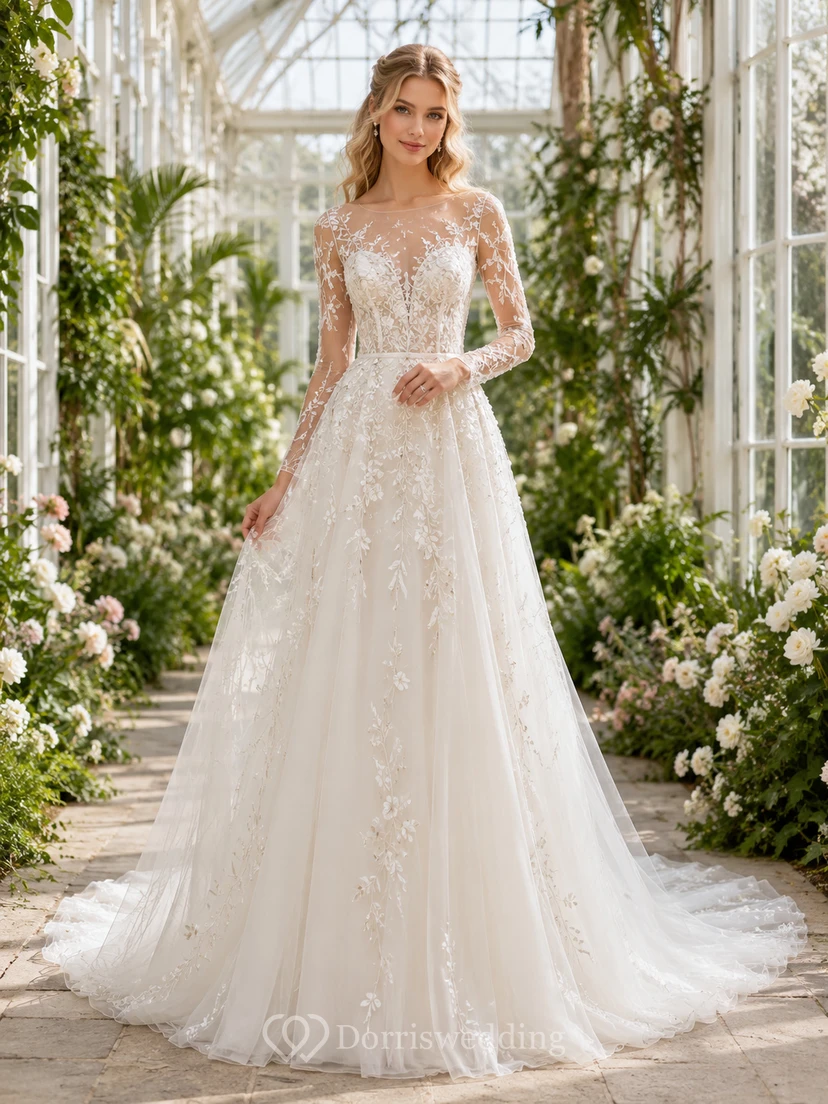 Long Sleeve Embroidered Floral Conservatory A Line Wedding Gown
