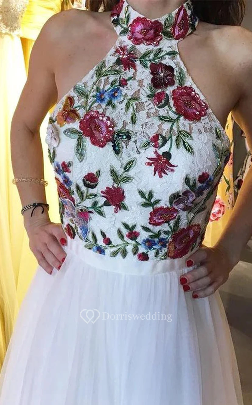 Ärmelloses, hochgeschlossenes Empire-Abendkleid aus Tüll mit floralen Applikationen view 6