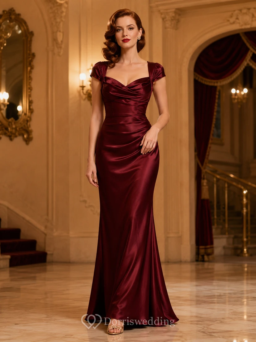 Burgunderrotes Vintage-Abendkleid aus Satin im Meerjungfrauenstil mit schulterfreiem Ausschnitt