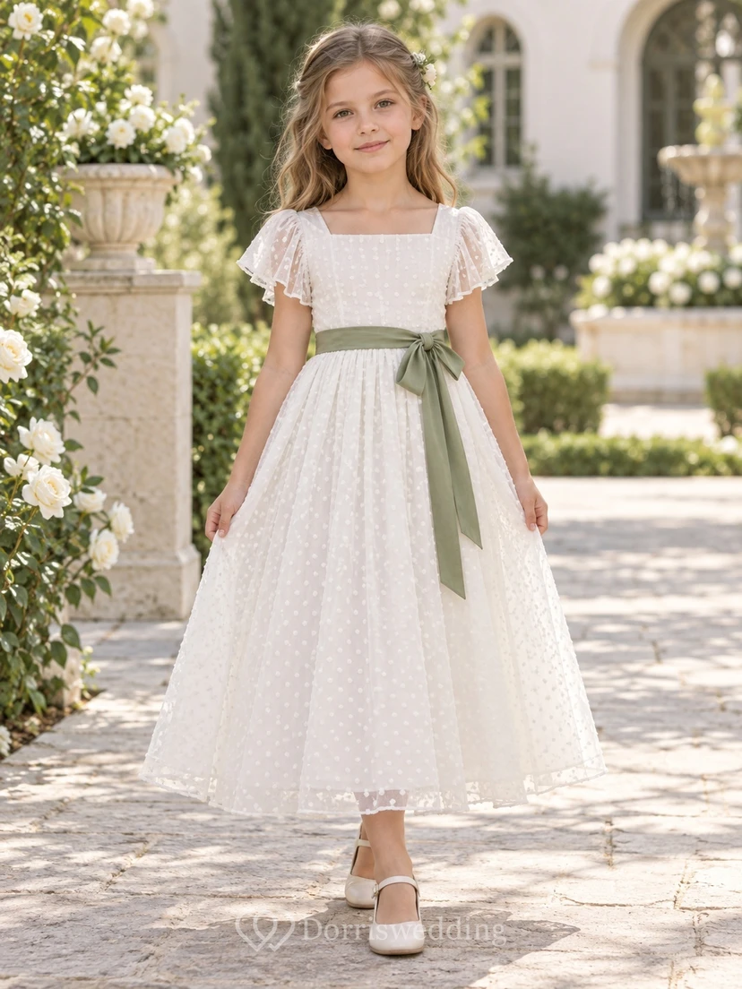 Vestido de niña de flores color marfil con escote cuadrado, corte en A, tul, mangas con volantes, largo hasta los tobillos y estampado de lunares, con fajín verde salvia.