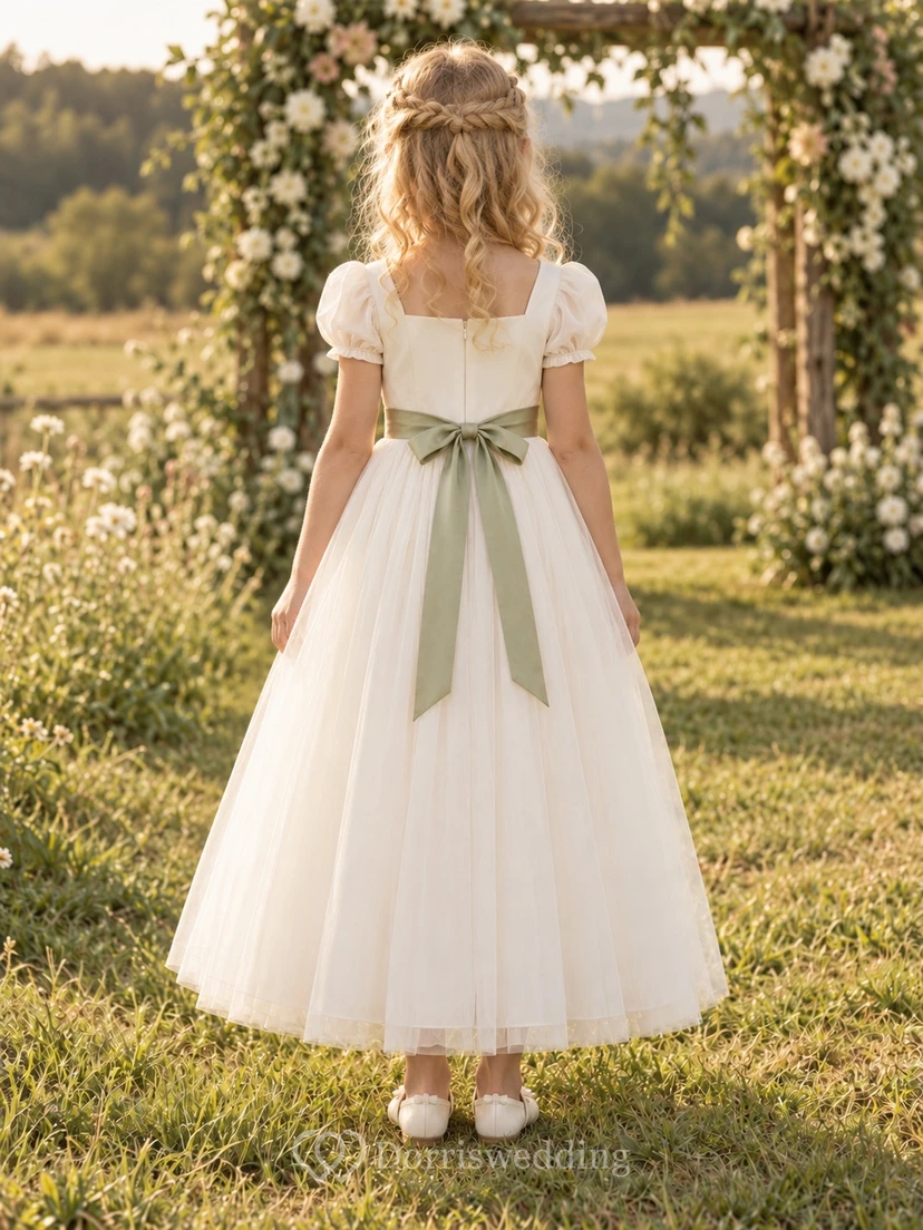 Square Neck Ivory A-line Tulle Ankle-length Puff-sleeve Green-sash Button-front Flower Girl Dress view 2