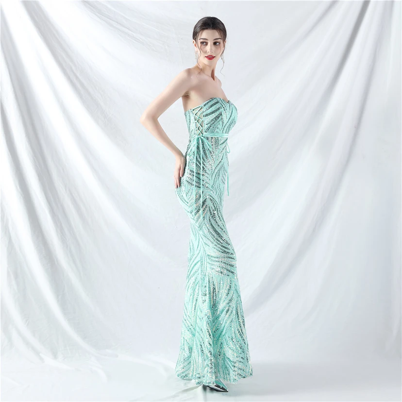 Vestido de noche con tirantes, top tipo tubo y lentejuelas apiladas encriptadas, con método de doble atado de cuerda. view 63