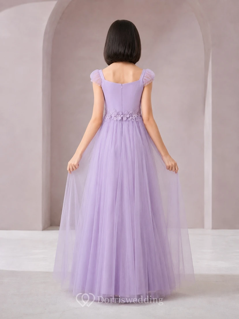 Lavendelfarbenes Brautjungfernkleid für junge Damen, A-Linie, Rundhalsausschnitt, kurze Puffärmel, Tüllapplikationen, Blumen, elegant, romantisch view 2