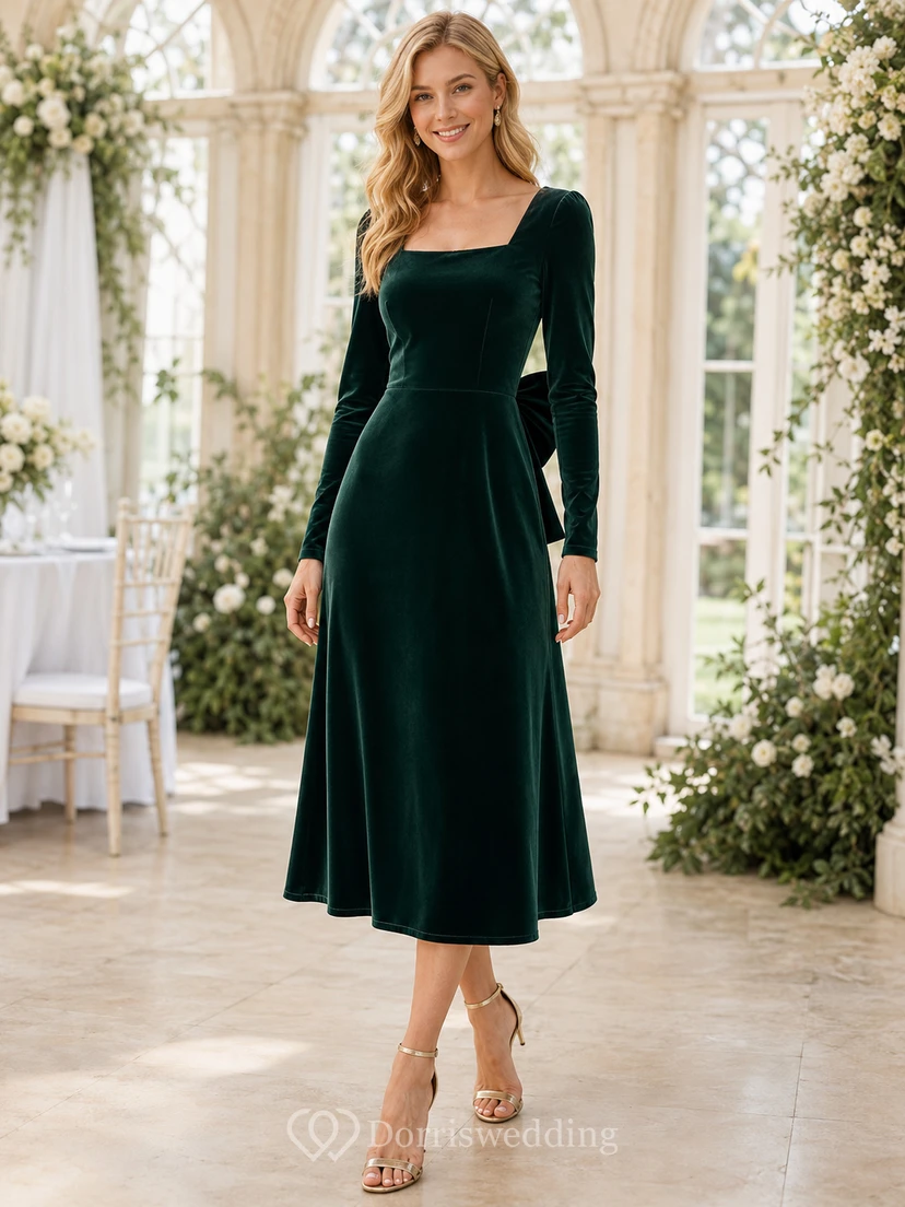 Dark Green Square Neck Long Sleeve Velvet A Line Midi Guest Dress