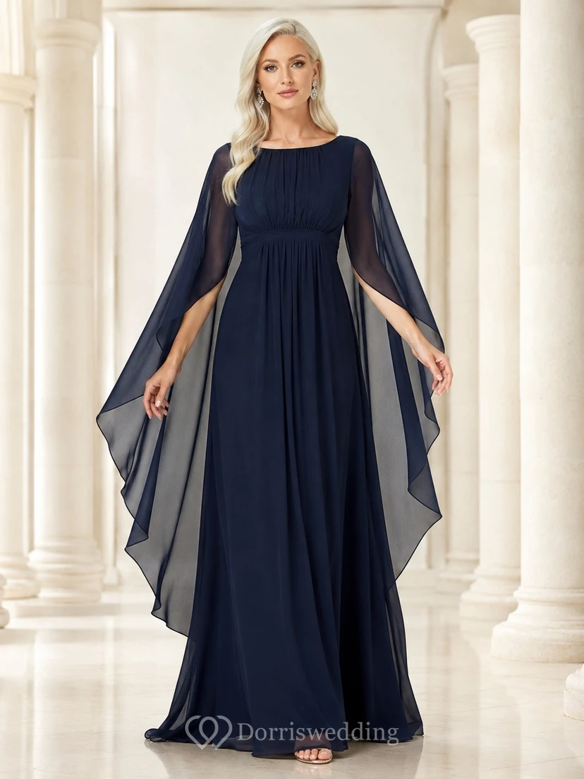 Dark Navy Elegant Jewel Chiffon-Tulle Long-Sleeve A-Line Floor-Length Dress