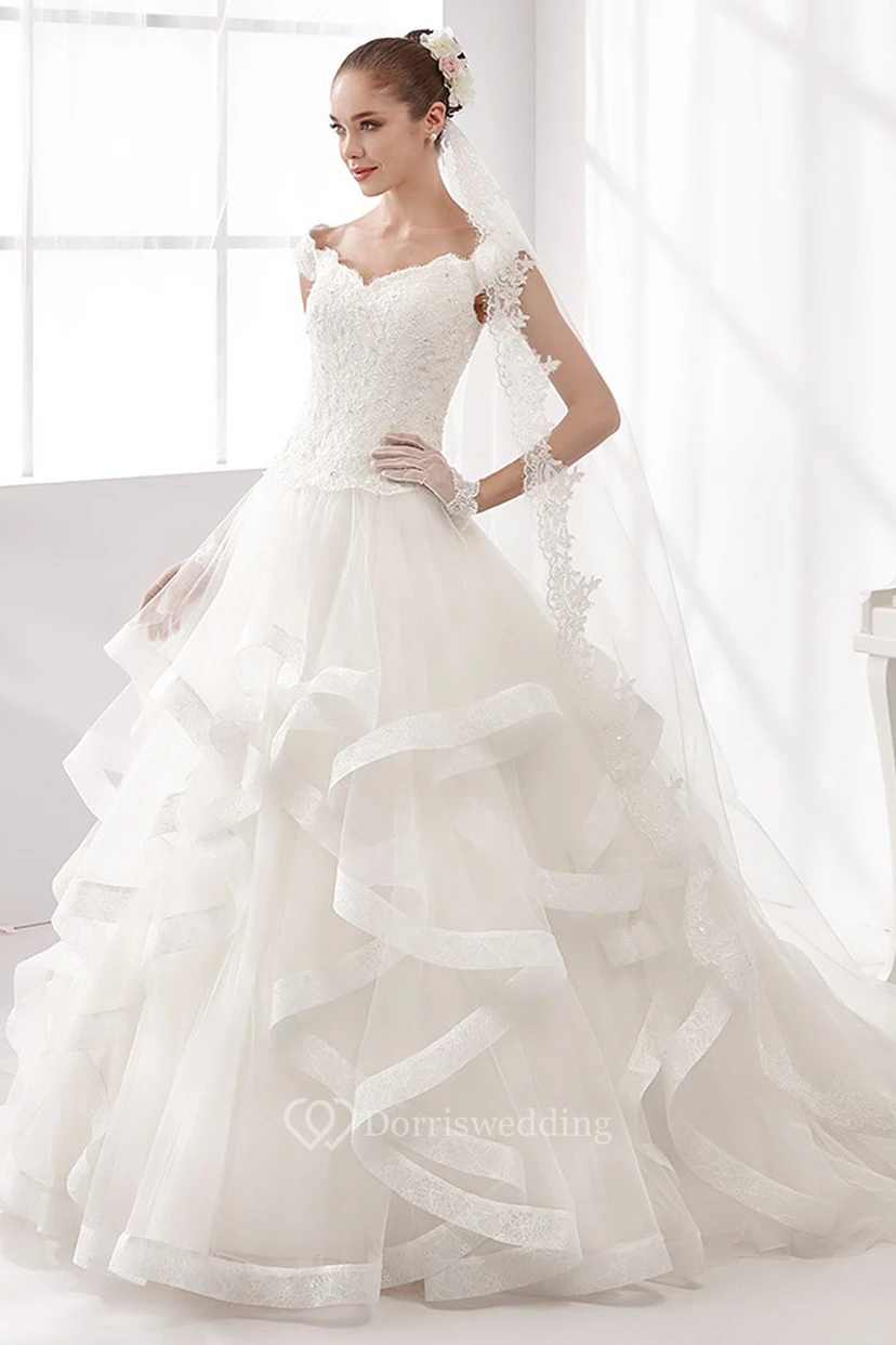 Cap-Sleeve A-Line Wedding Dress With Cascading Ruffles And Lace Corset