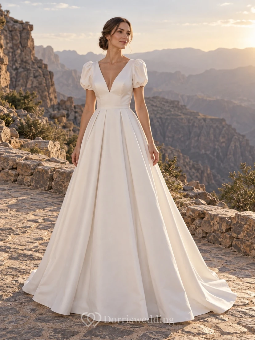 Simple V Neck Short Puff Sleeve Satin A Line Wedding Dress