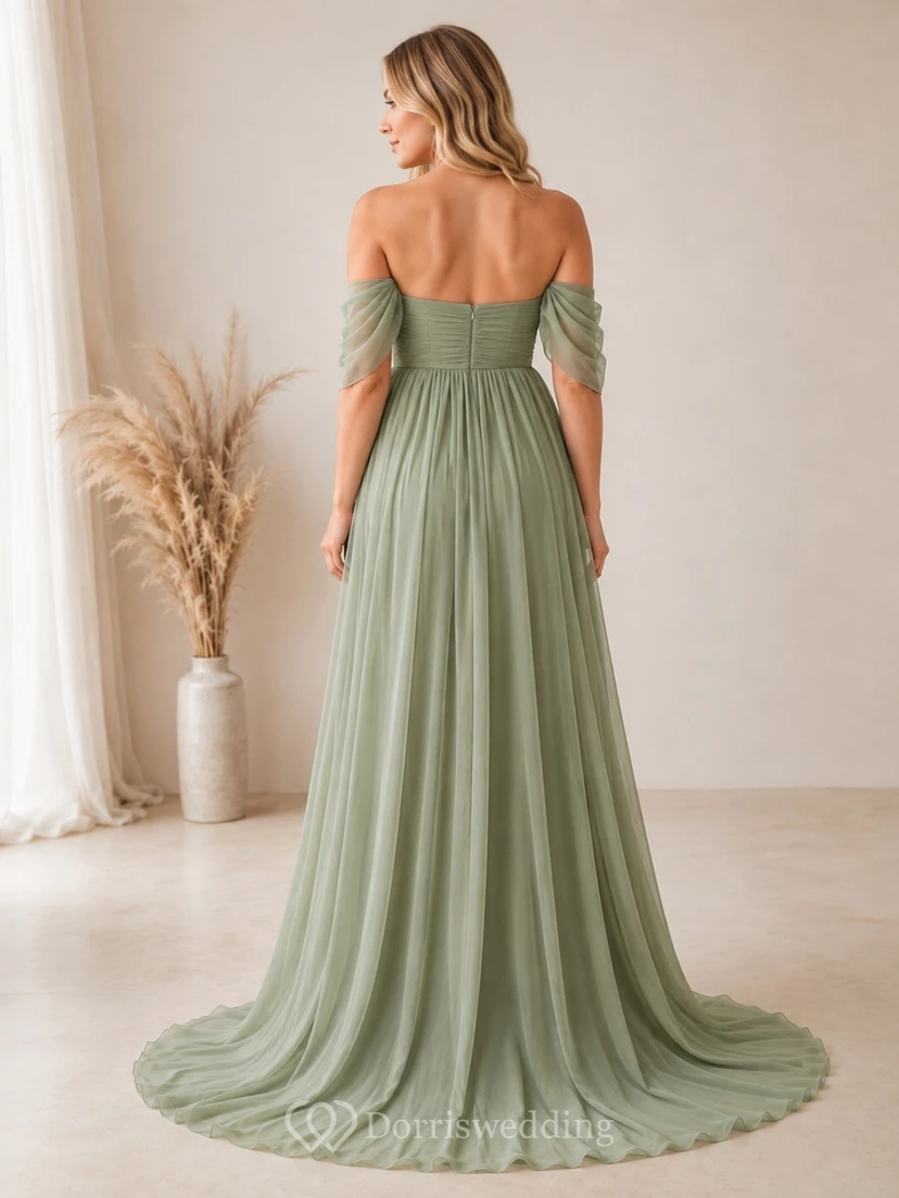 Robe de maternité romantique Sage Guest, coupe trapèze, épaules dénudées, manches courtes, en mousseline, longueur au sol view 2