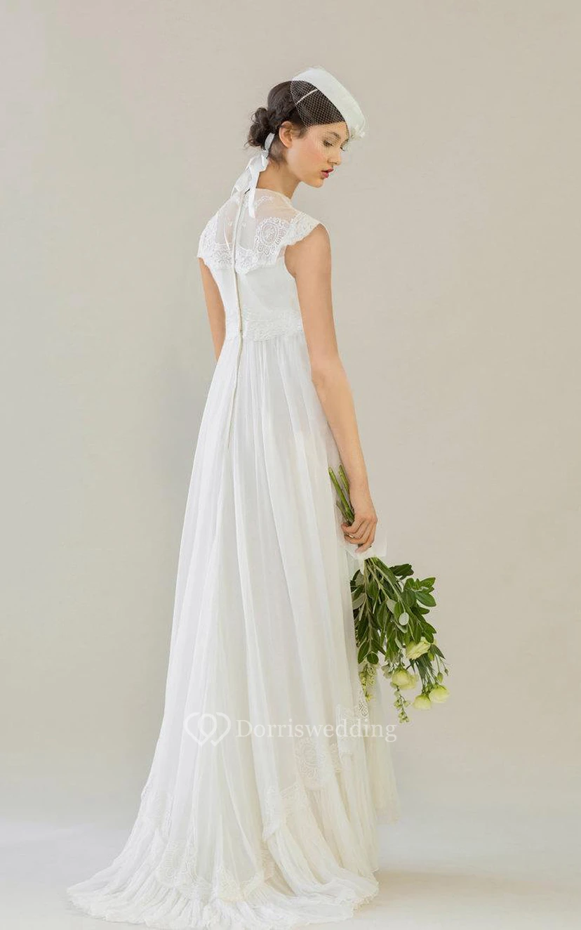 High Neck Sleeveless Chiffon A-Line Dress With Lace Top view 2