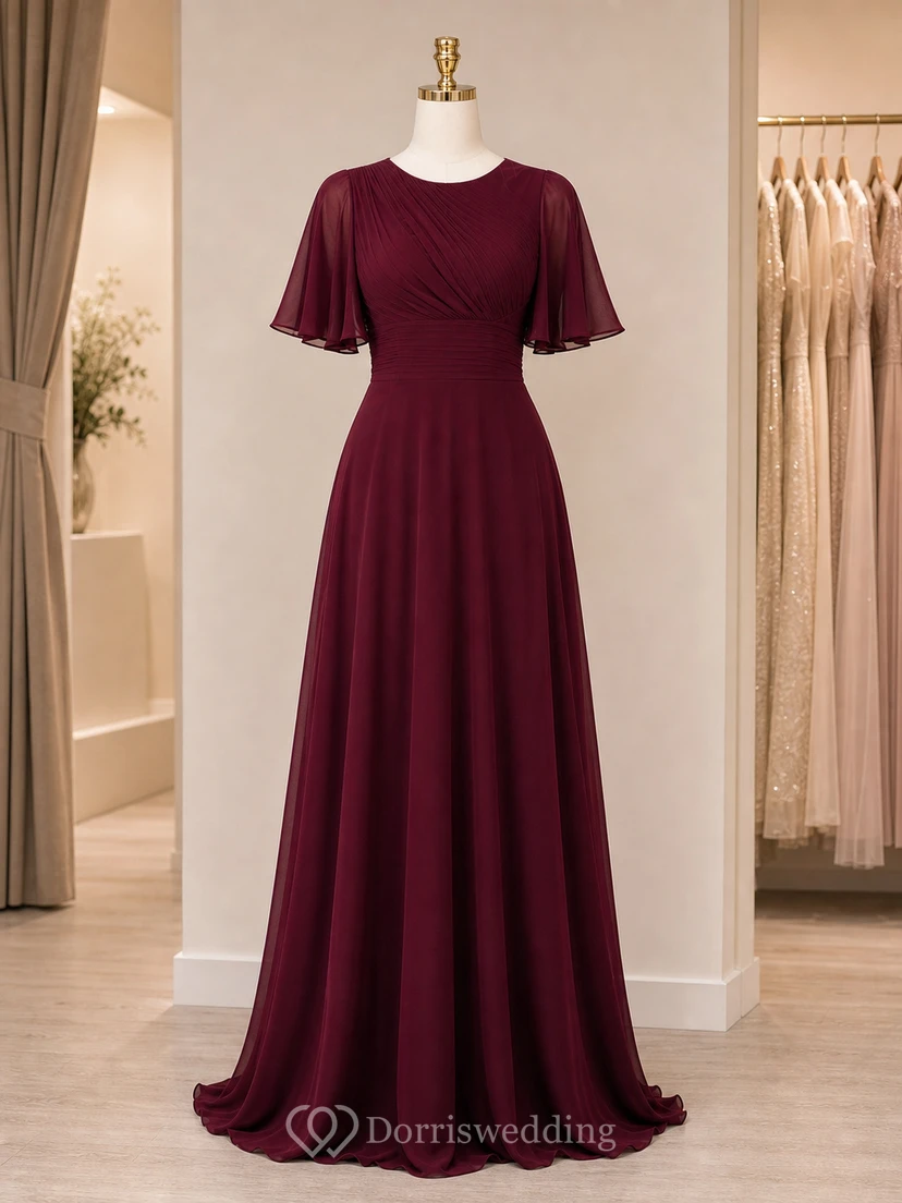 Vestido de noche de corte A de gasa color burdeos discreto con mangas acampanadas view 6