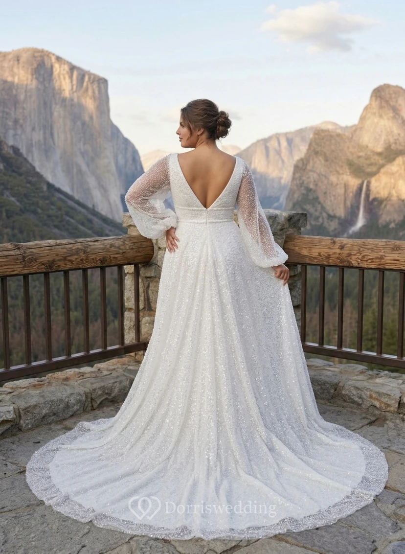 Plus Size Sparkle Long Sleeve Wedding Dress with V-Neck and Front Split view 2