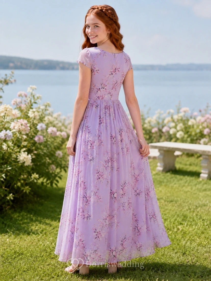 Lavendelfarbenes Brautjungfernkleid im A-Linien-Stil mit rundem Ausschnitt und kurzen Ärmeln aus Chiffon mit Blütenblattmuster und Boho-Stil. view 2