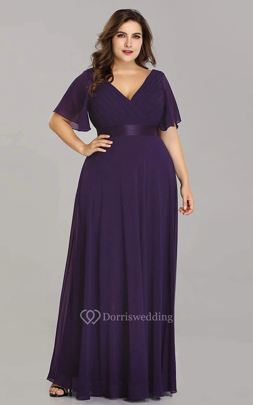 Romantic Chiffon V-neck Half Sleeve A Line Formal Dress With Criss Cross and Ruching view 16