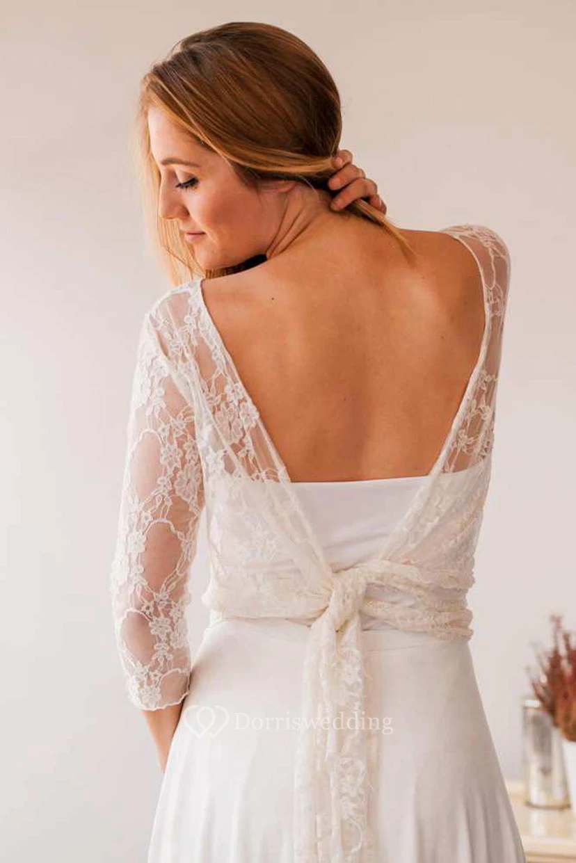 Schlichtes, bodenlanges Brautkleid aus Chiffon mit U-Boot-Spitze und Illusionseffekt sowie Falten view 2