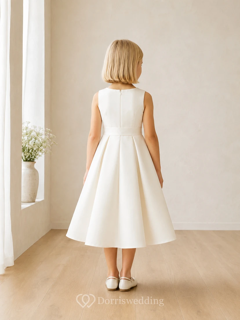 Blumenmädchenkleid aus elfenbeinfarbenem Satin, A-Linie, Rundhalsausschnitt, Teelänge, Schleifendetail view 2