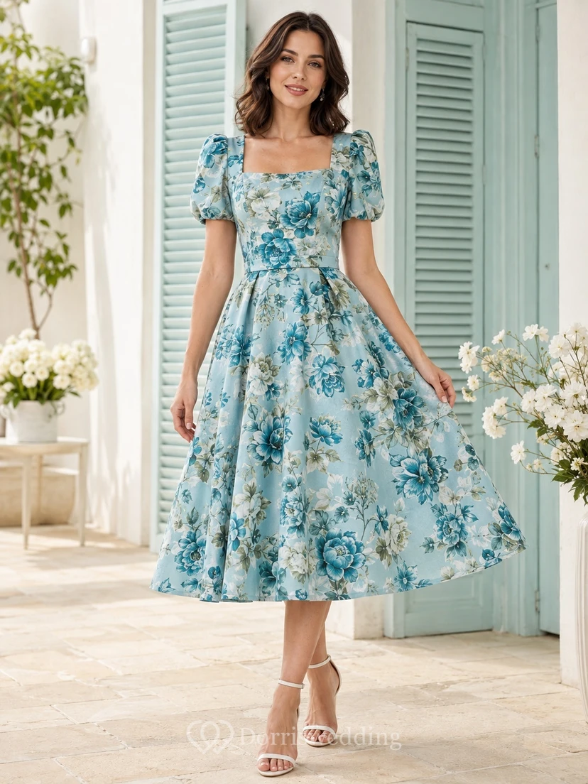 Sky Blue Floral Square Neck Puff Sleeve Satin A-Line Tea-Length Dress
