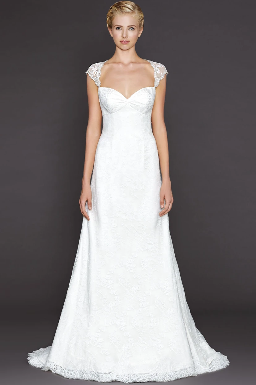 A-Line Long Queen Anne Lace Wedding Dress With Appliques And Keyhole