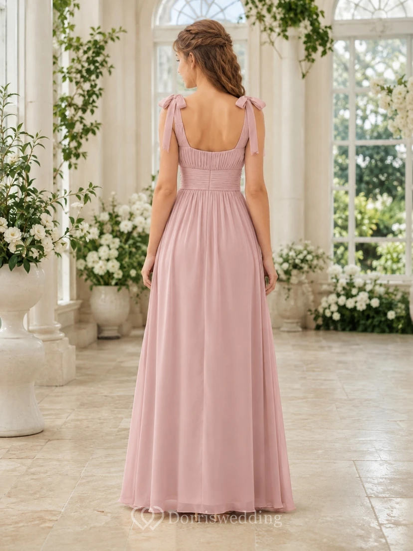 Perlmuttrosa Brautjungfernkleid, A-Linie, eckige Schulterpartie, ärmellos, Schleifen view 2