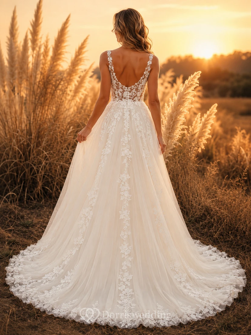 Boho-Brautkleid mit floralem Spitzenoberteil und A-Linien-Schnitt view 2
