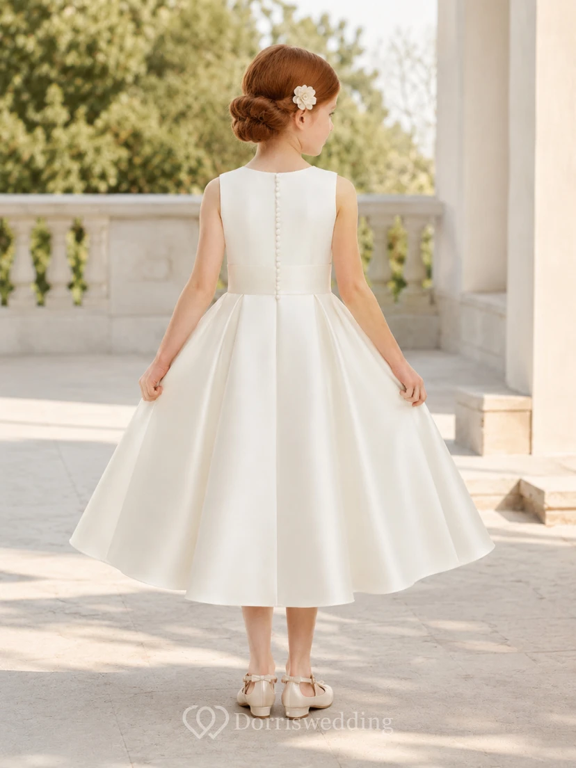 Vestido de niña de flores minimalista de satén blanco de lujo con pliegues, corte en A, sin mangas, cuello joya y falda hasta la rodilla. view 2