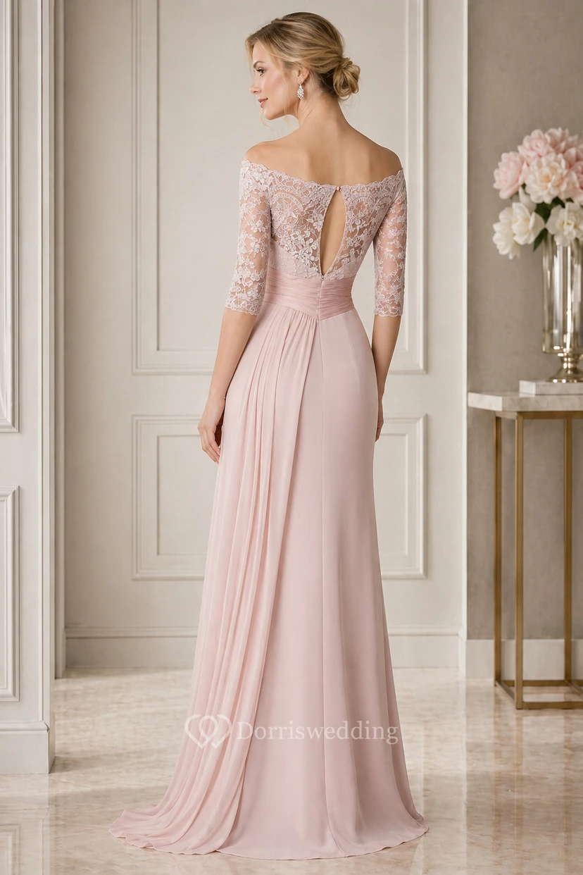 Sheath Half-Sleeve Off-The-Shoulder Appliqued Maxi Chiffon Prom Dress view 2