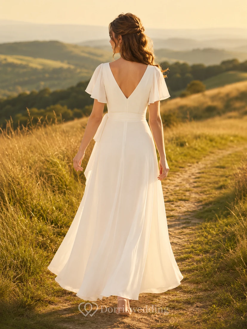 Robe de mariée en mousseline à manches papillon pour une escapade champêtre dans une prairie. view 2