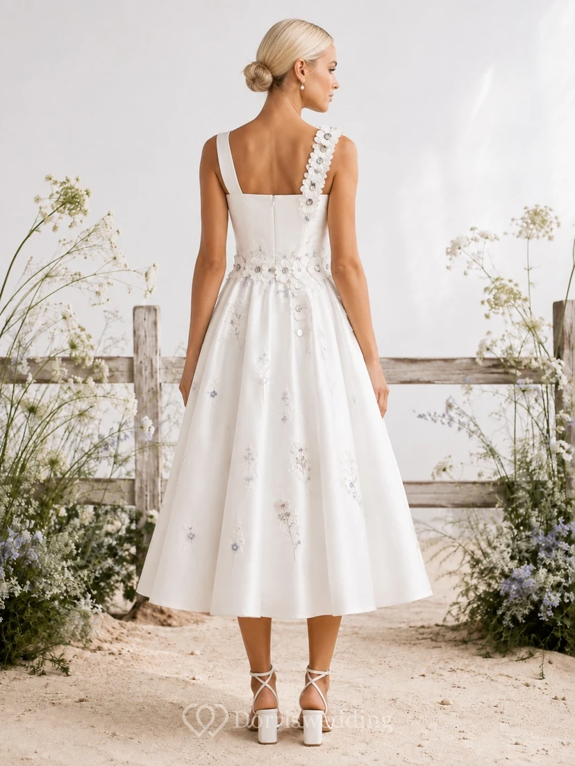 Simple White Wildflower Print Square Neck Sleeveless Satin A-Line Tea-length Dress view 2