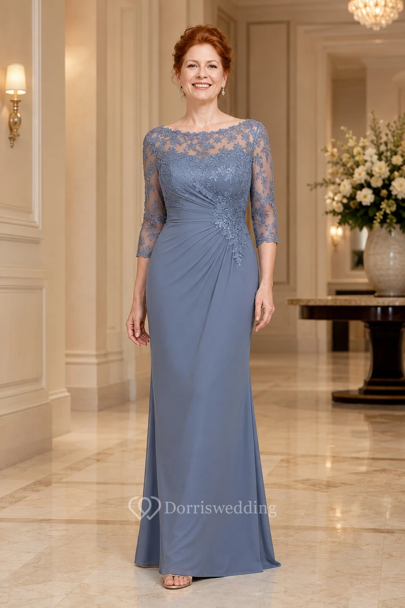Steel Blue Lace Illusion Sheath Mother Dress With Three Quarter Sleeves