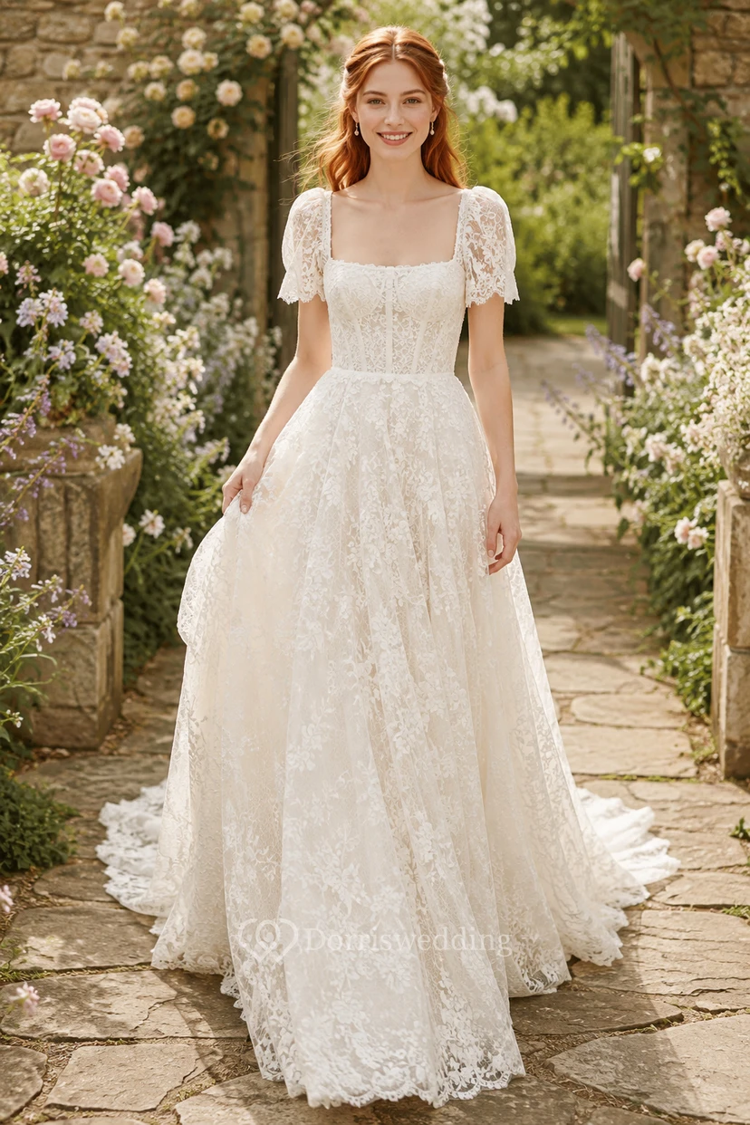 Vestido de novia romántico de encaje con corte en A y mangas abullonadas.