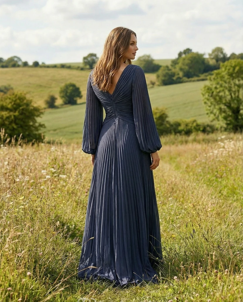 Ink Navy Maternity Formal Dress with Deep V-Neck, Long Pleated Sleeves & Flowing Skirt view 2